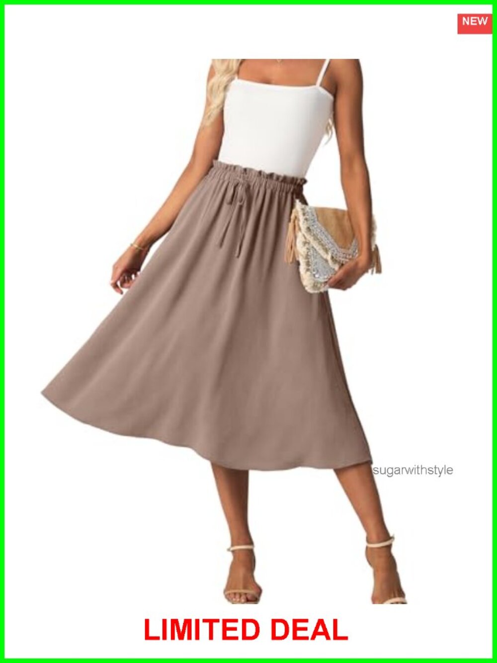 Women's High Waist A-Line Midi Skirt with Pockets Flowy Summer Casual